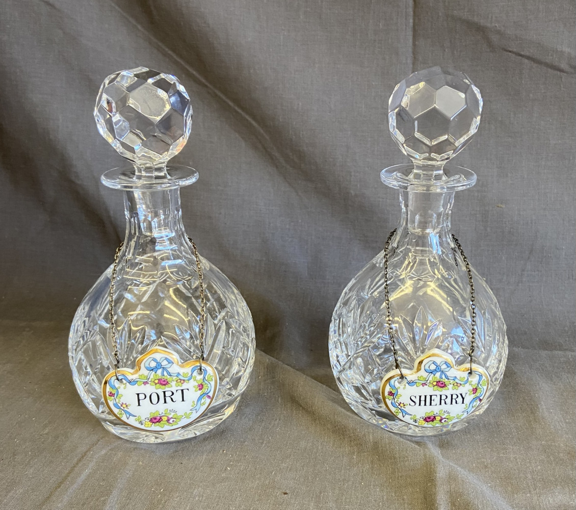 Pair of Crystal Decanters with labels 