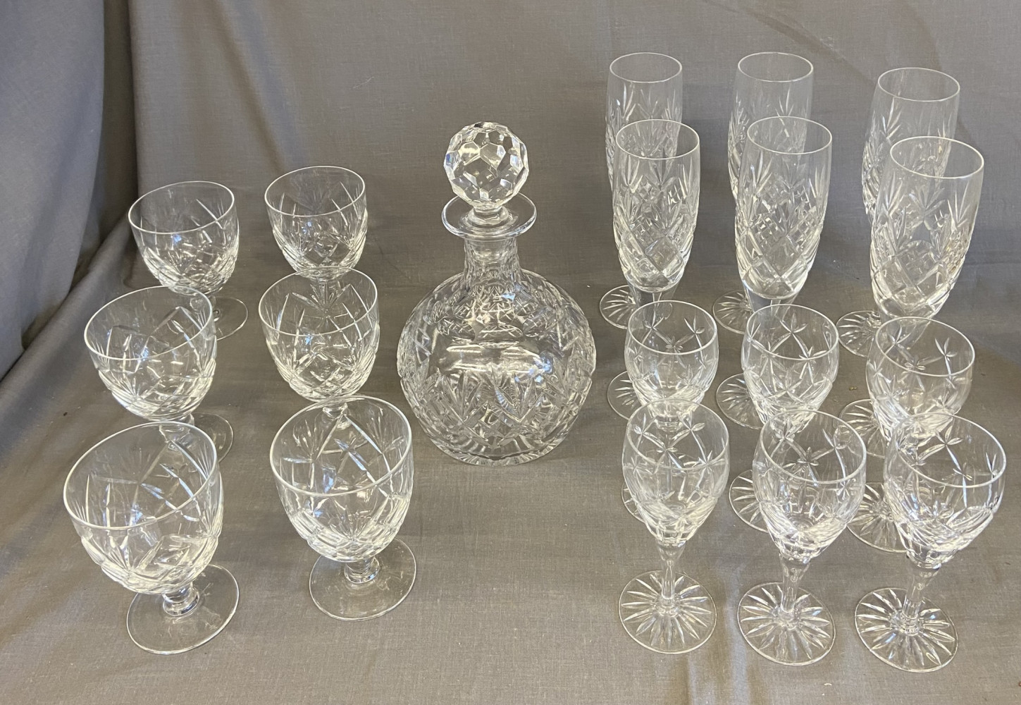 Crystal decanter and 3 sets of Crystal Glasses
