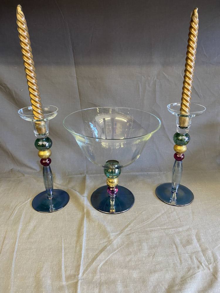 Krozno Set of candlesticks and Glass bowl