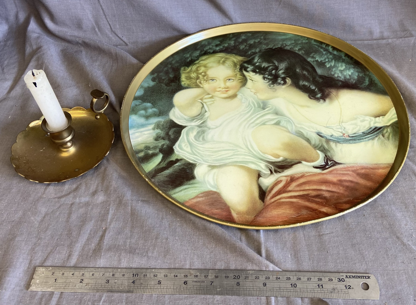 Brass tray and candlestick holder