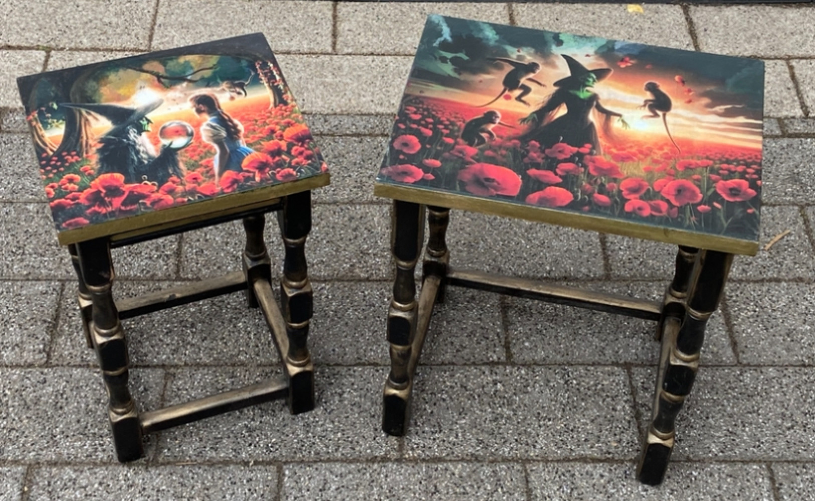 2 side tables wizard of Oz themed