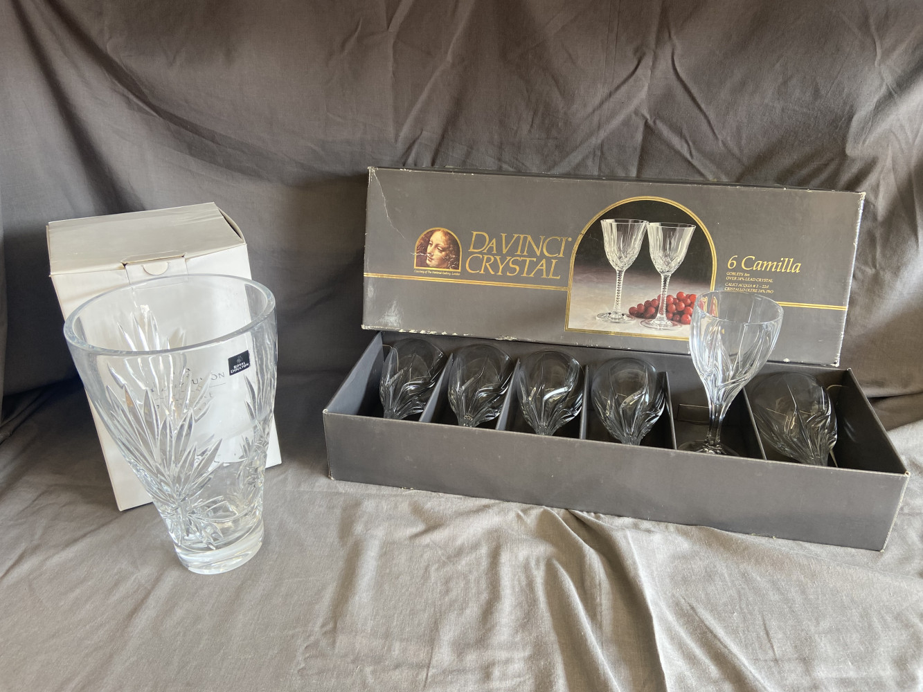 Royal Doulton Vase and 6 Crystal Glasses