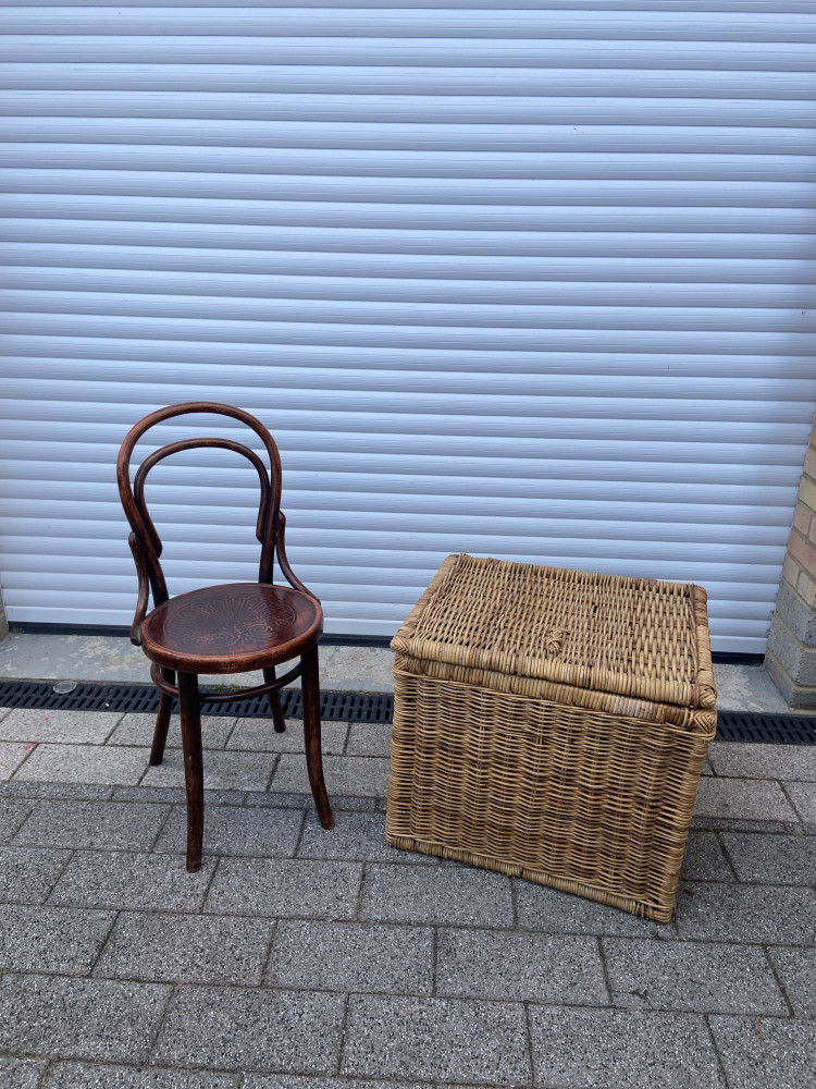 Bent Wood Chair and Wicker Storage Box