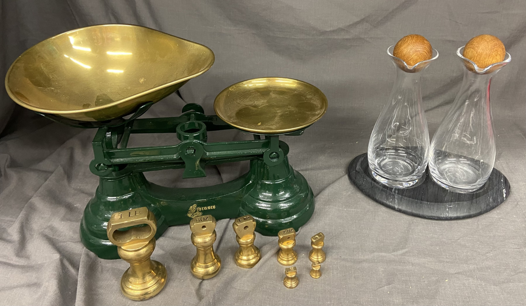 Oil bottles, scales and brass weights
