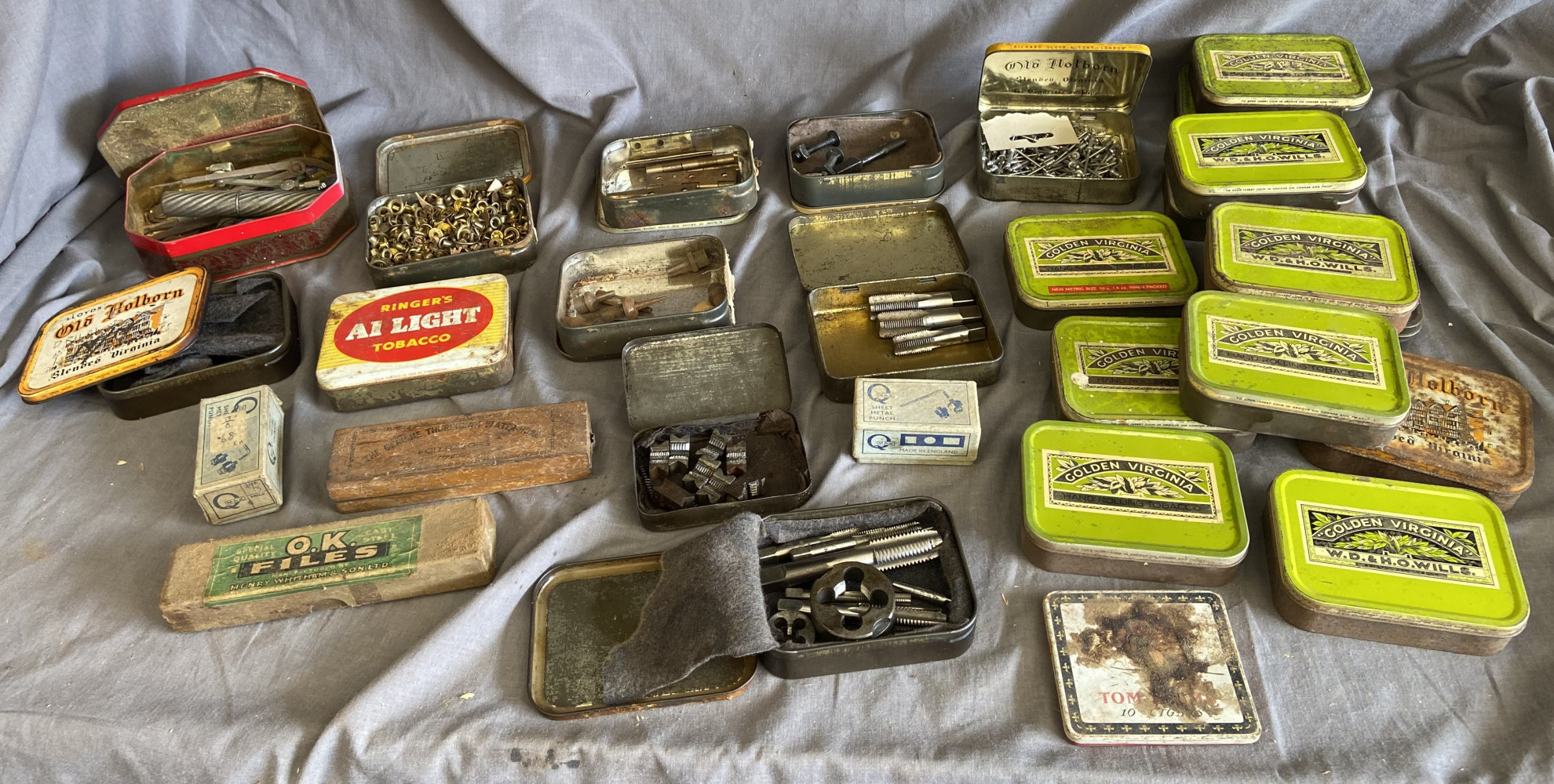 Large lot of mixed tins full of useful bits inc taps and dies