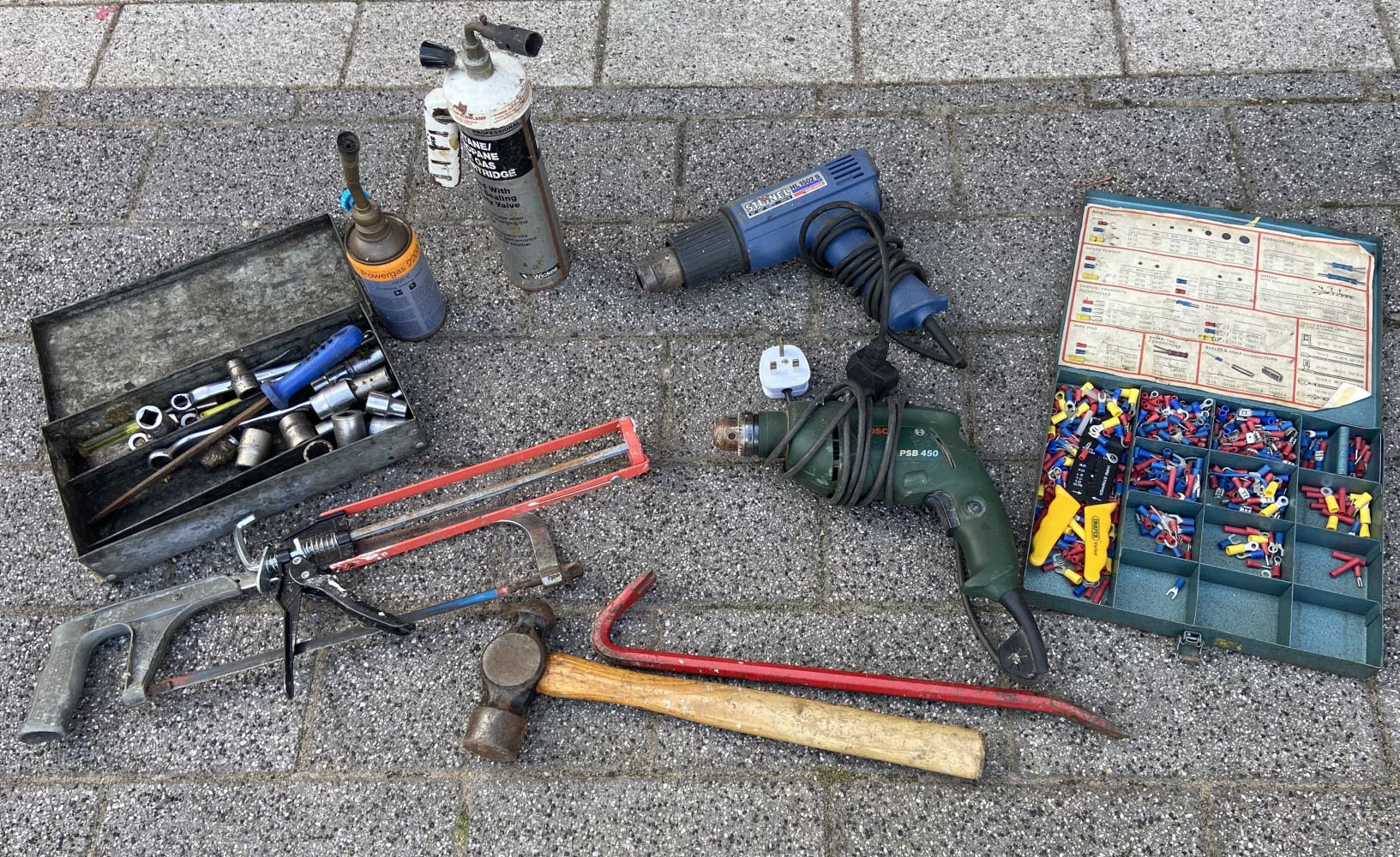 Drill, heat gun, blow torches and mixed tools