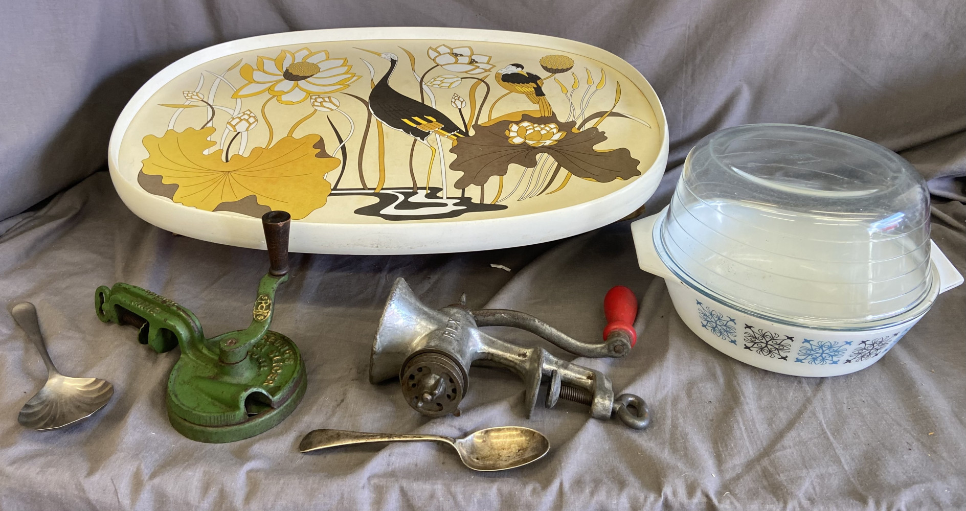Mid century melamine tray, vintage mincer, bean slicer and other kitchen items