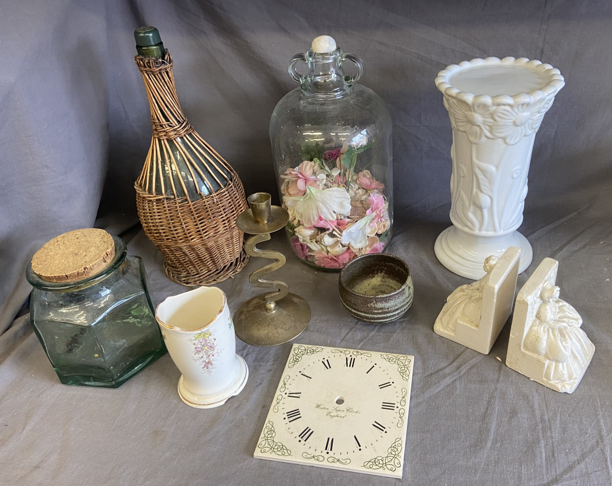 Chalked white bookends and other collectables