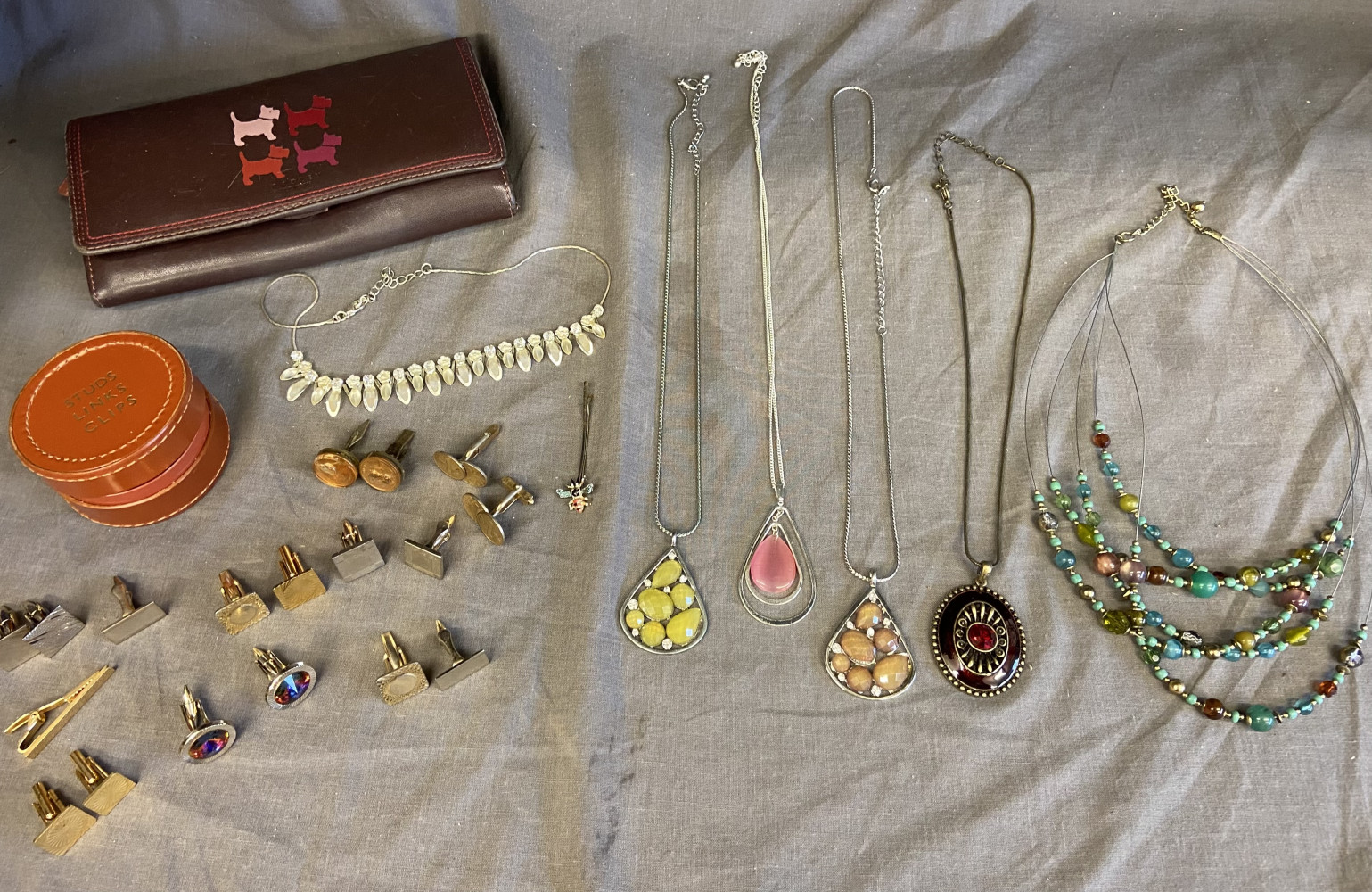 Radley purse, collection of cufflinks and costume jewellary