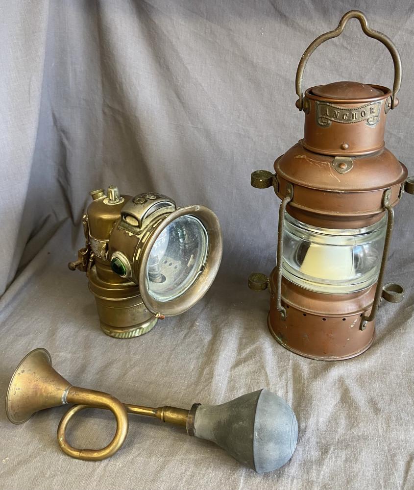 Vintage Carbide Lamp, horns and a vintage ship's anchor lantern