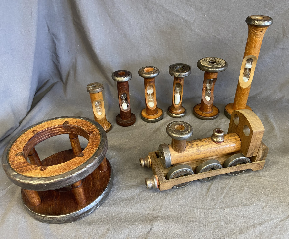 Egg timers and train made from old bobbins