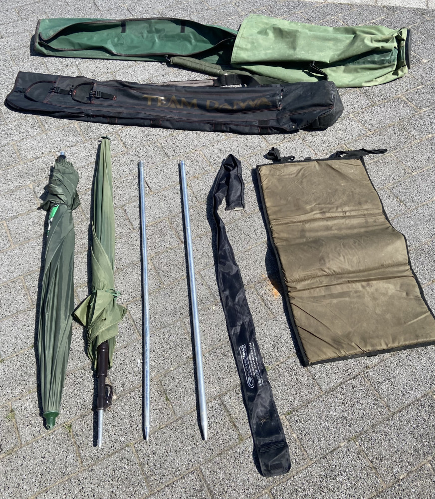 Fishing bags, umbrellas and mat.