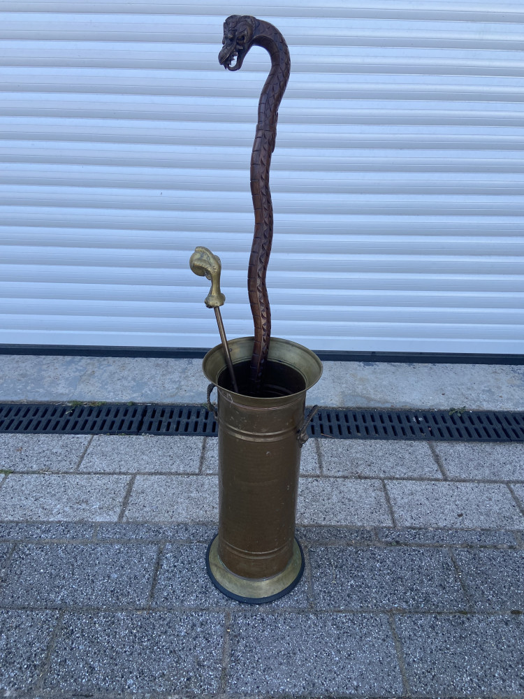 Brass umbrella stand, 46 cms high and 2 sticks