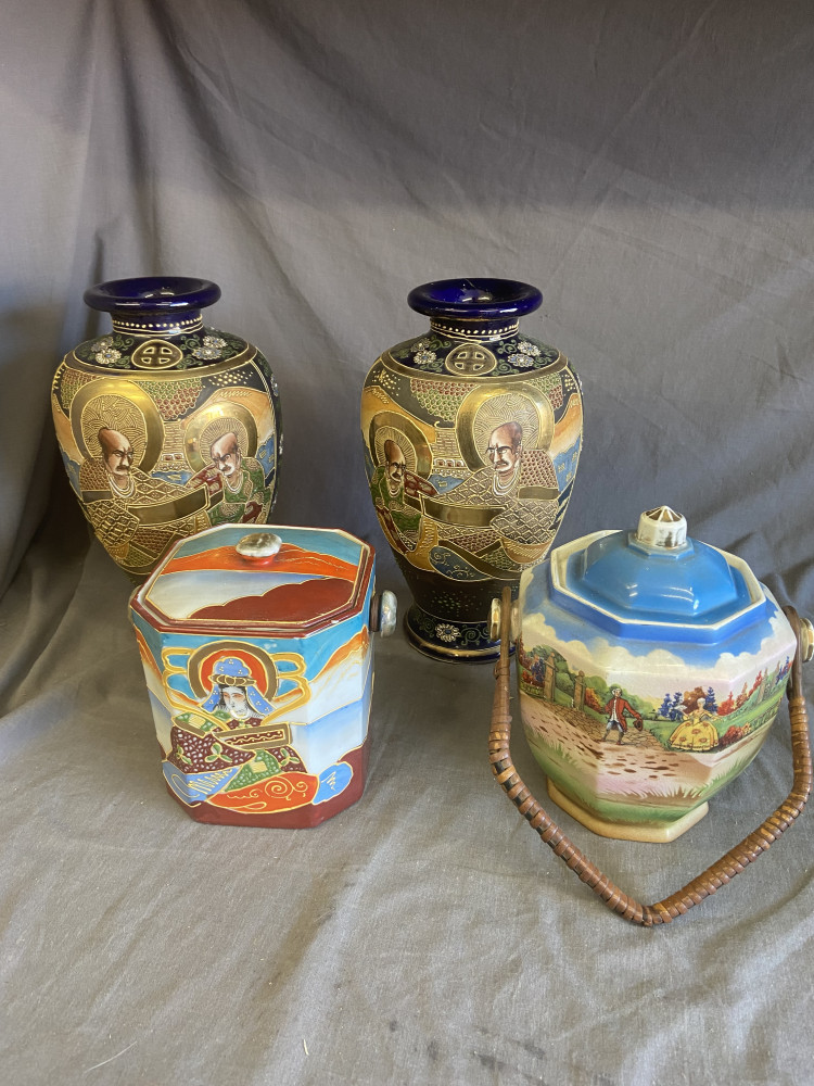 Japanese satsuma ware Vases one has a repair to the top and biscuit barrels