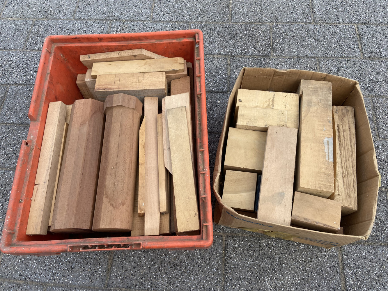 Two boxes of wood turning blanks inc lemon wood