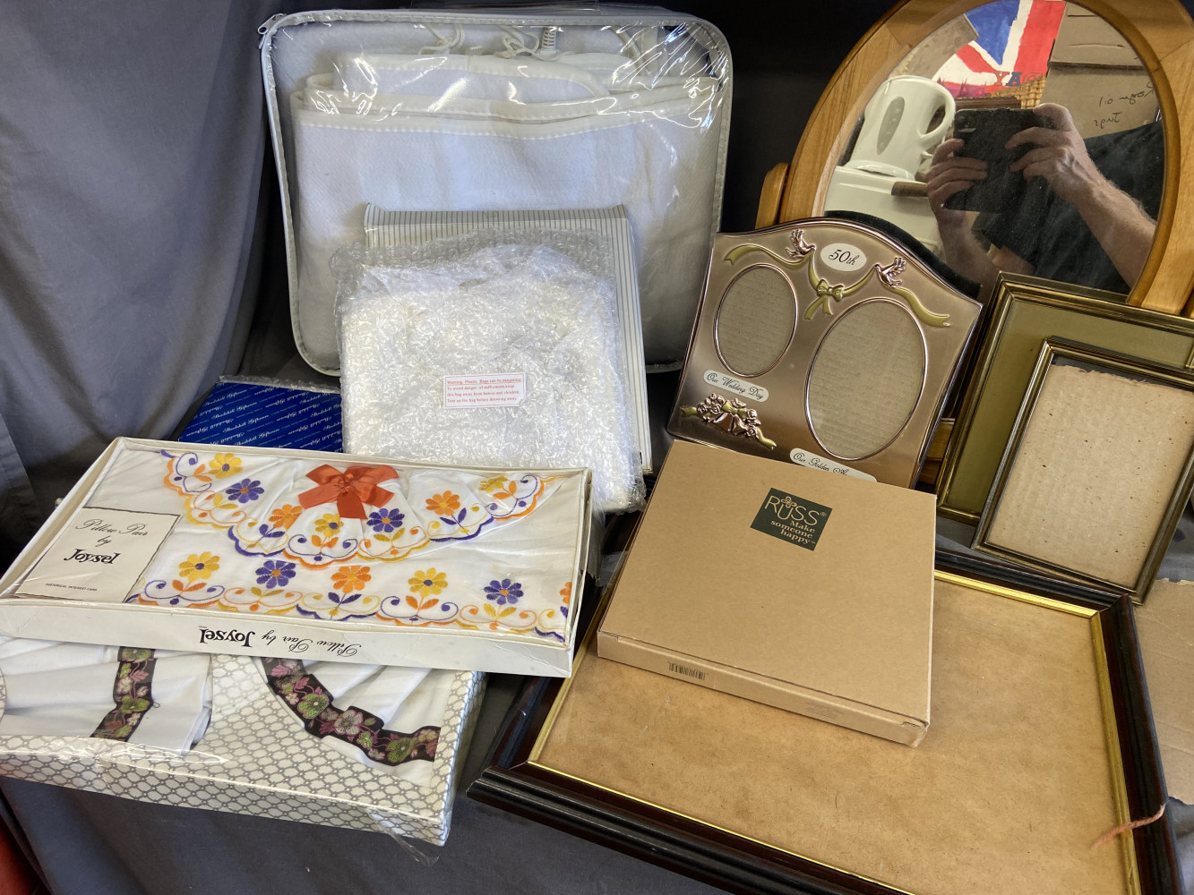 Mirror, mixed lot of picture frames and selection of bedding
